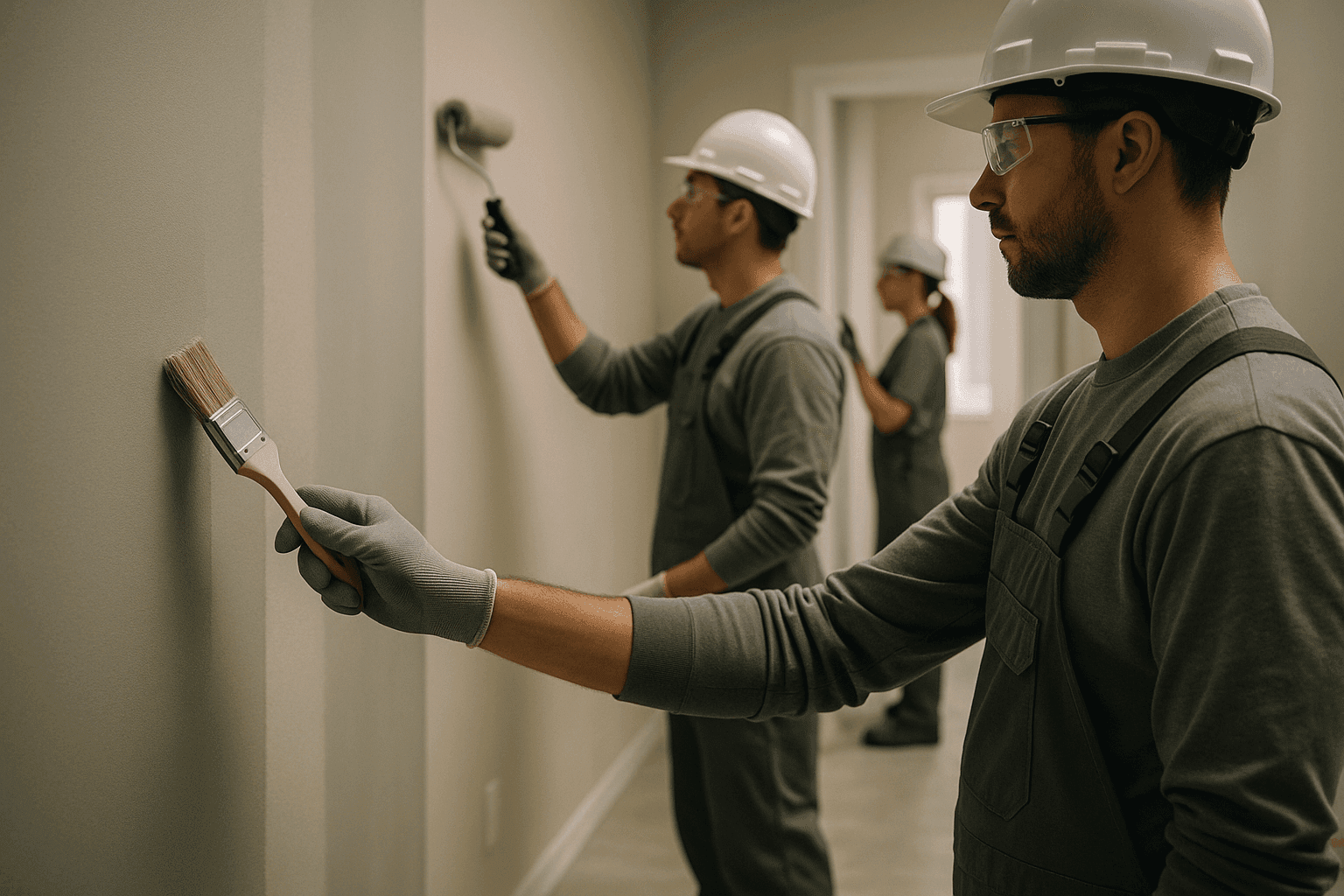 Professional painting crew wearing gloves and goggles applying paint on smooth walls at a clean site