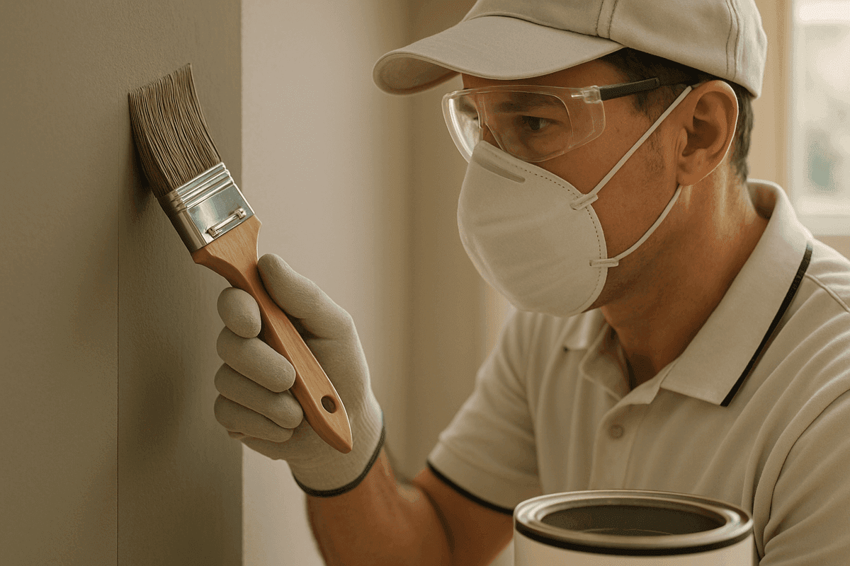 Close-up of painter’s gloved hands applying muted taupe paint on a pristine interior wall
