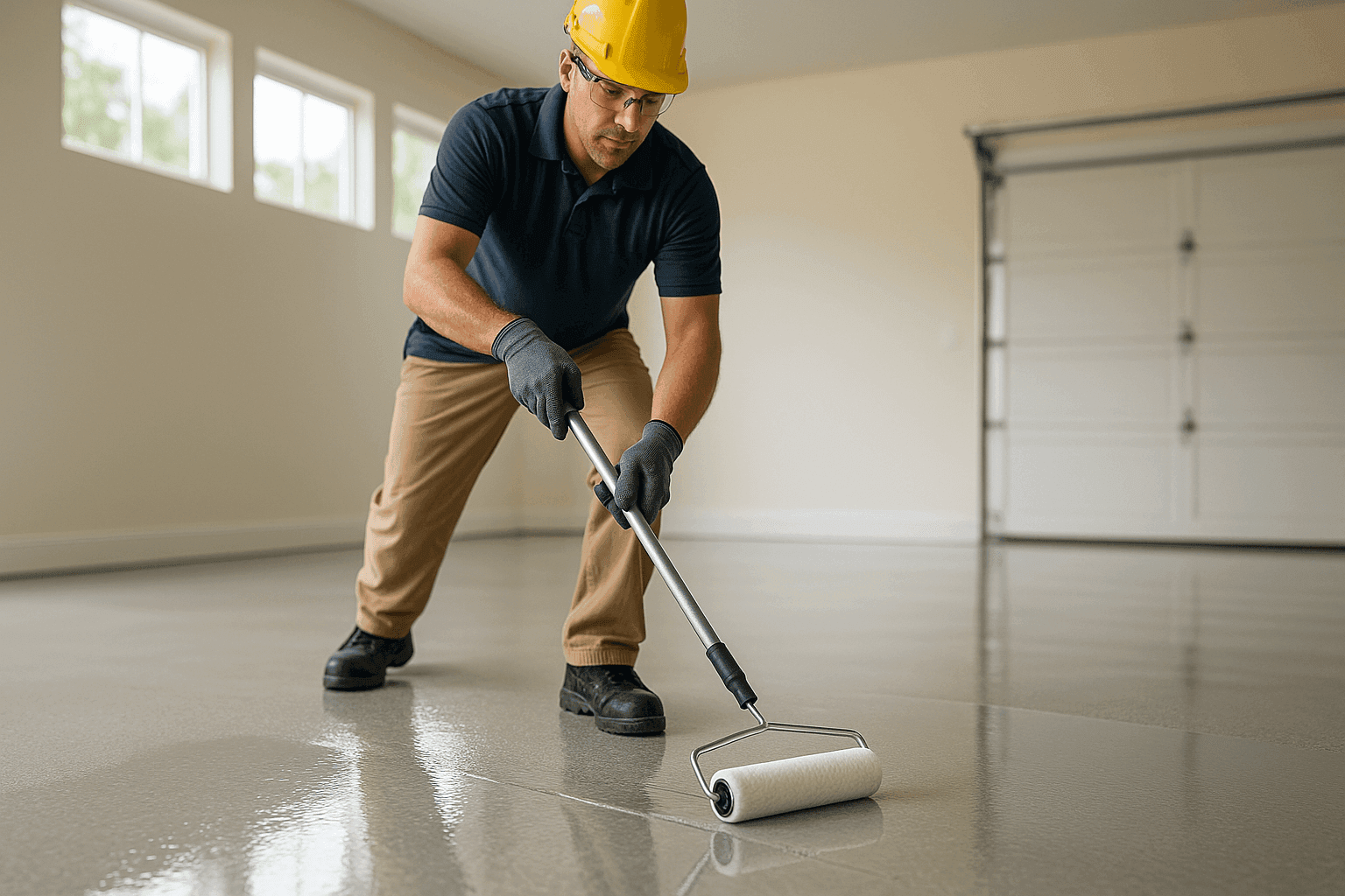Professional applying epoxy coating to a clean garage floor