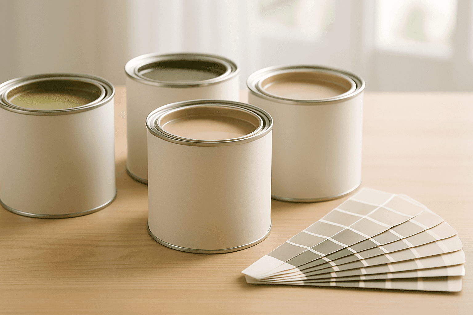 Selection of eco-friendly paint cans and natural color swatches on a clean table