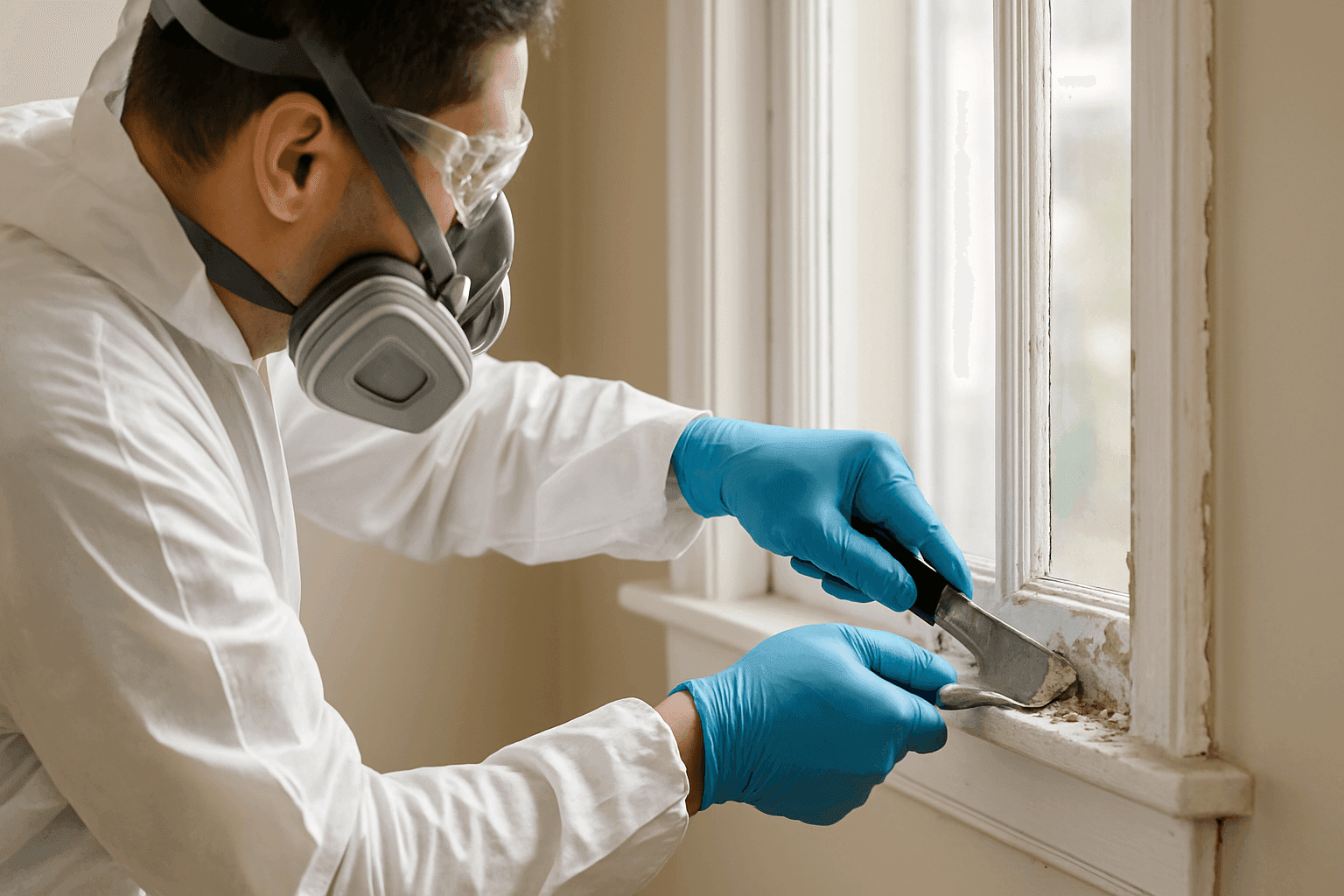 Painter using scraper and wearing protective gear to remove old paint