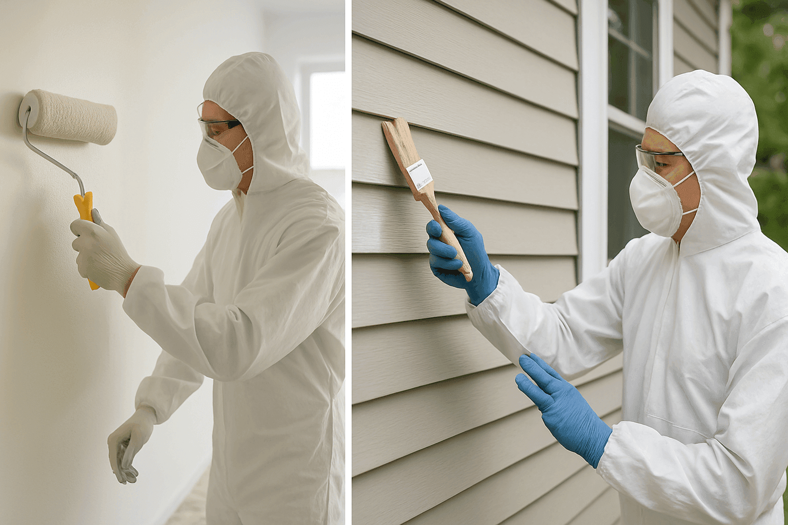 Side-by-side view of painter working on interior wall and another on exterior siding